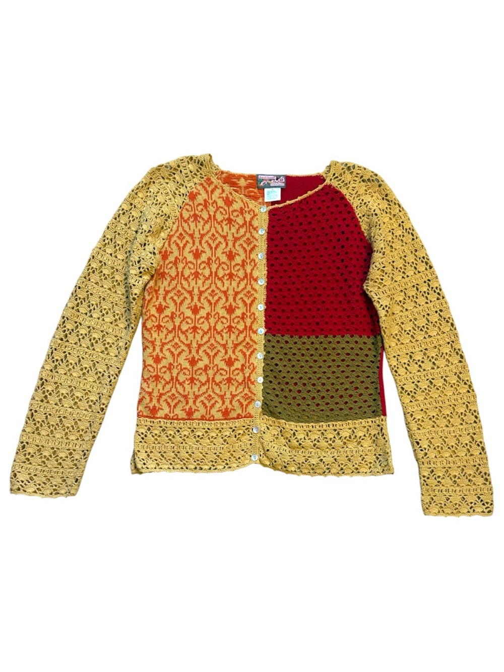 Vintage April Cornell Knit Crochet patchwork Cardigan Sweater Size Mediu